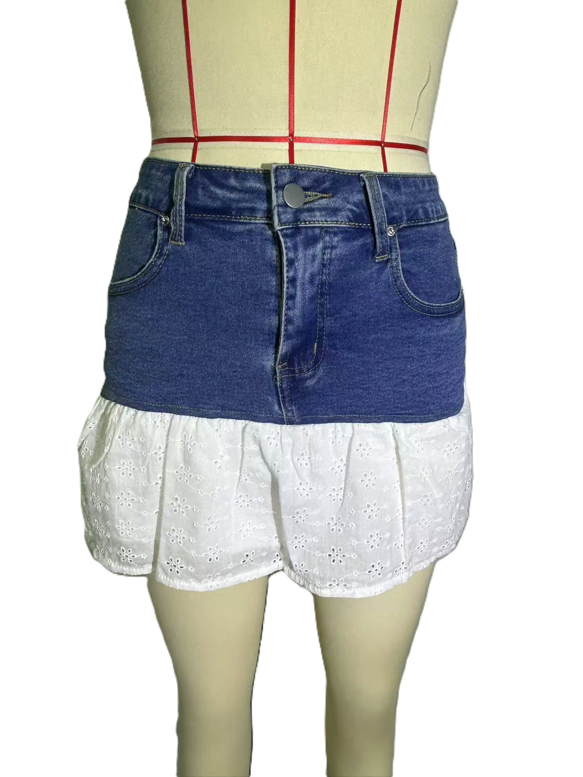 Eyelet Lace Hem Denim Mini Skirt - Blue