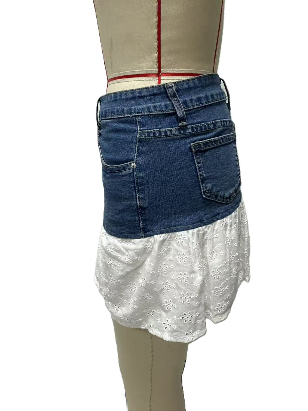 Eyelet Lace Hem Denim Mini Skirt - Blue - 1