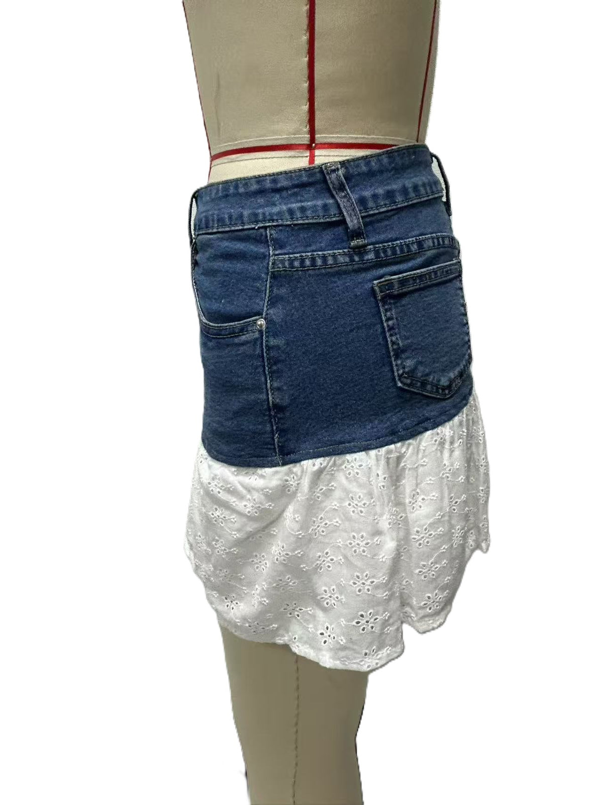 Eyelet Lace Hem Denim Mini Skirt - Blue - 1