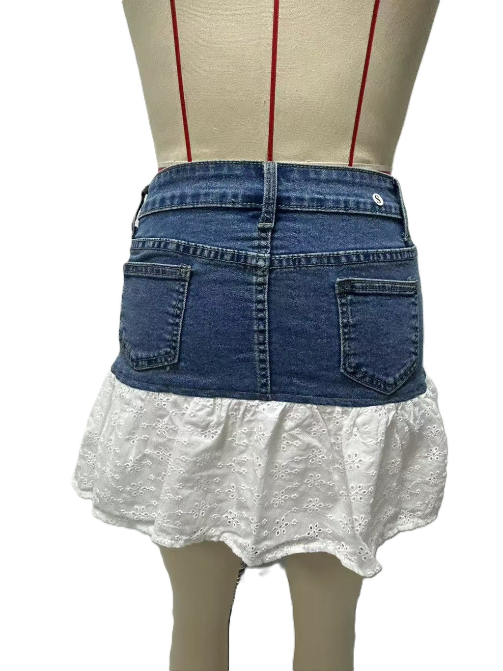 Eyelet Lace Hem Denim Mini Skirt - Blue - 2