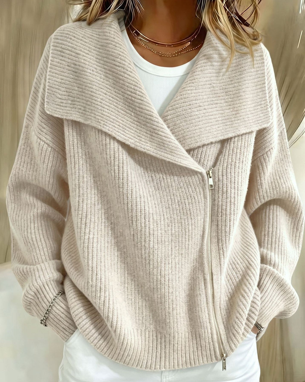 Wide Lapel Moto Zip Sweater Cardigan - Apricot