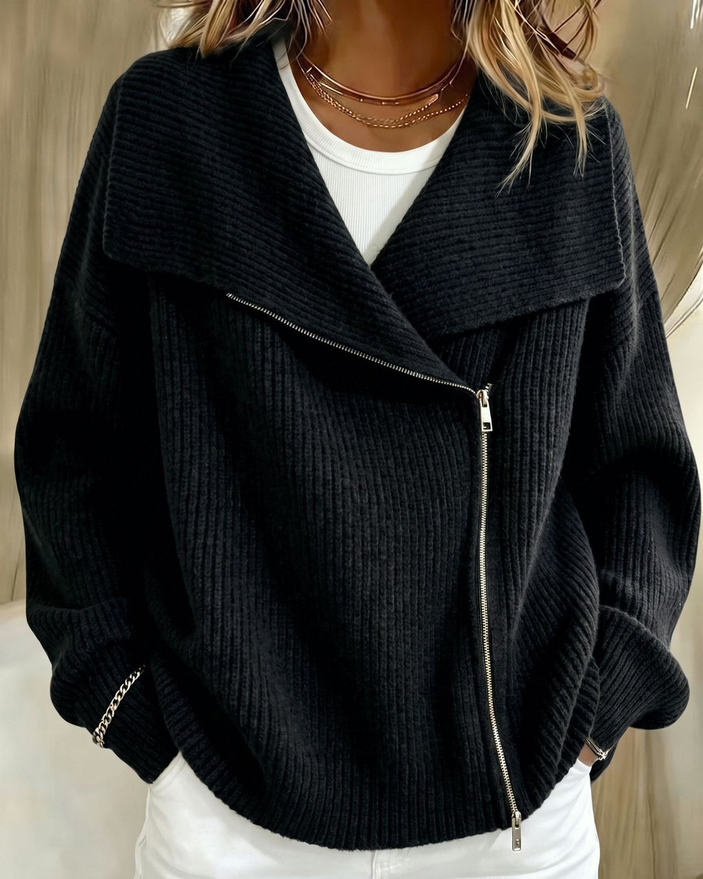 Wide Lapel Moto Zip Sweater Cardigan - Black