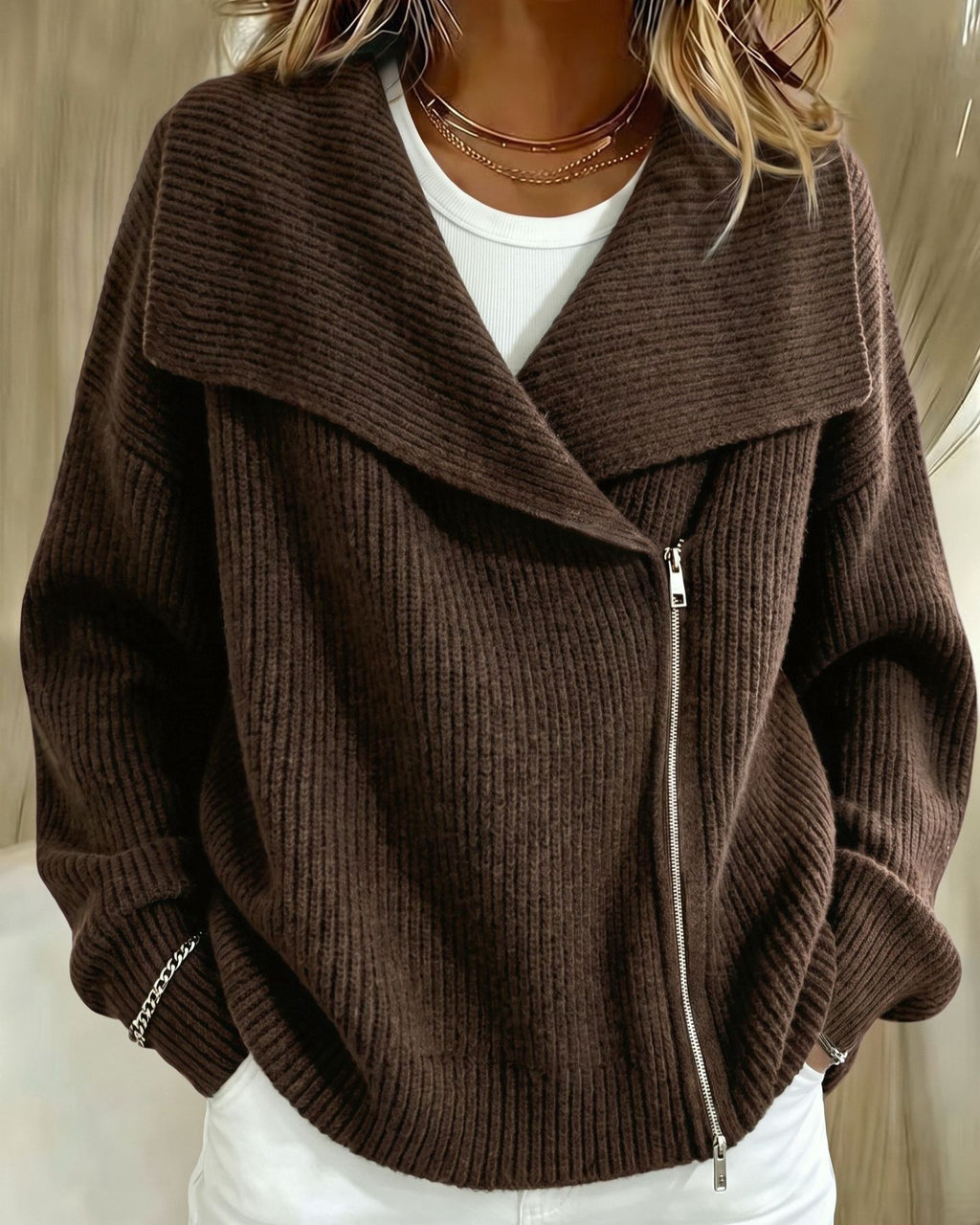 Wide Lapel Moto Zip Sweater Cardigan - Coffee