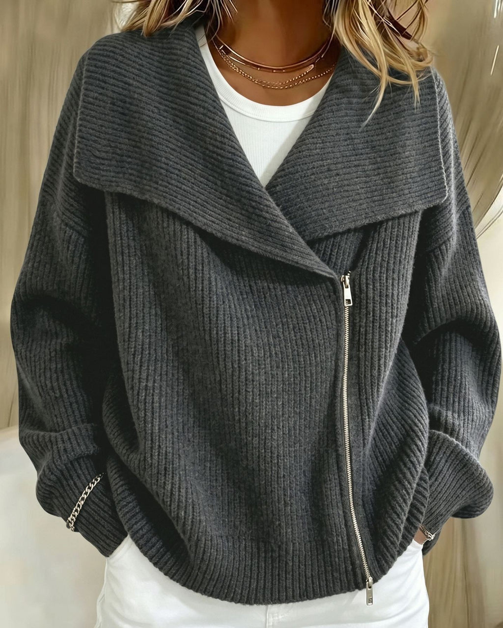 Wide Lapel Moto Zip Sweater Cardigan - Dark_Grey