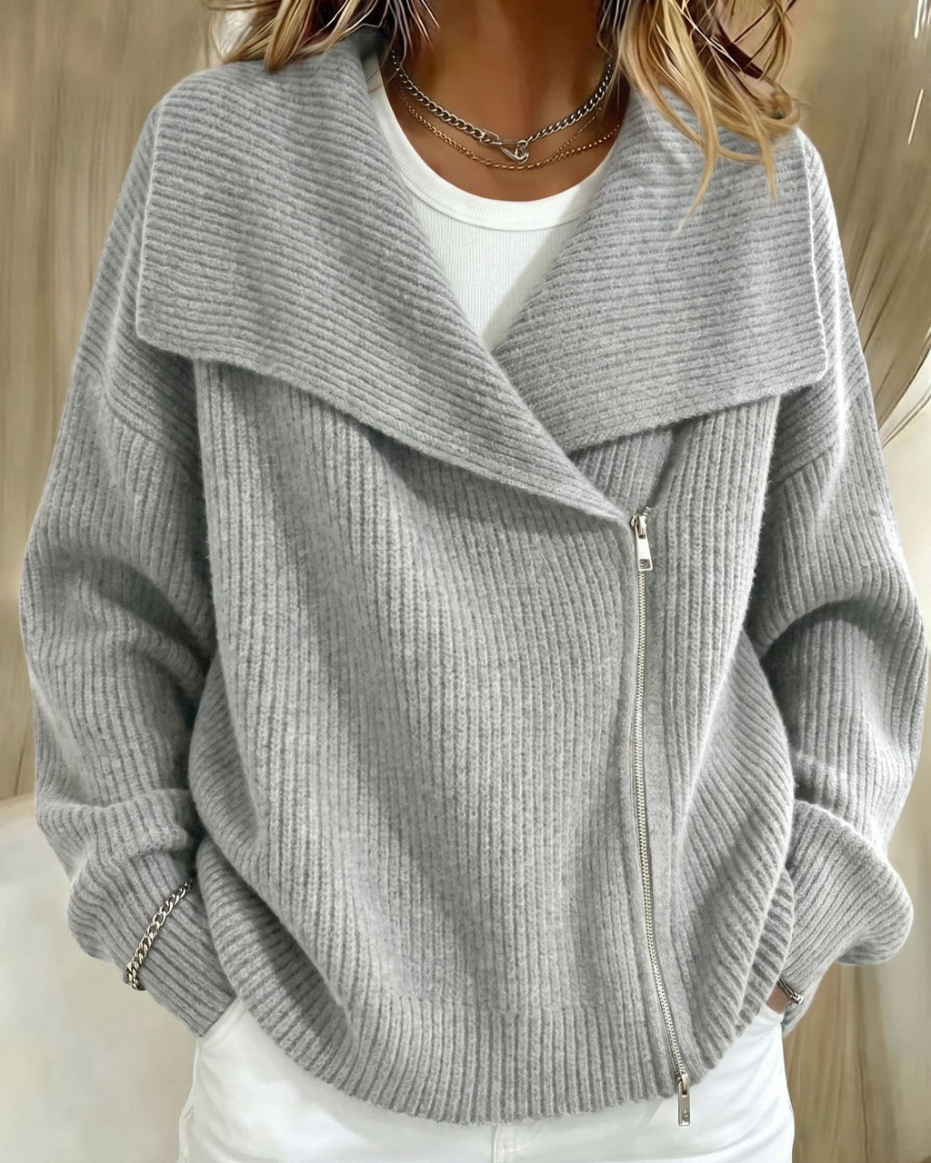 Wide Lapel Moto Zip Sweater Cardigan - Grey