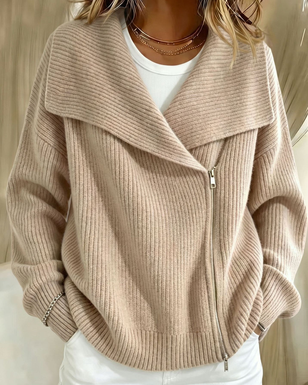 Wide Lapel Moto Zip Sweater Cardigan - Khaki