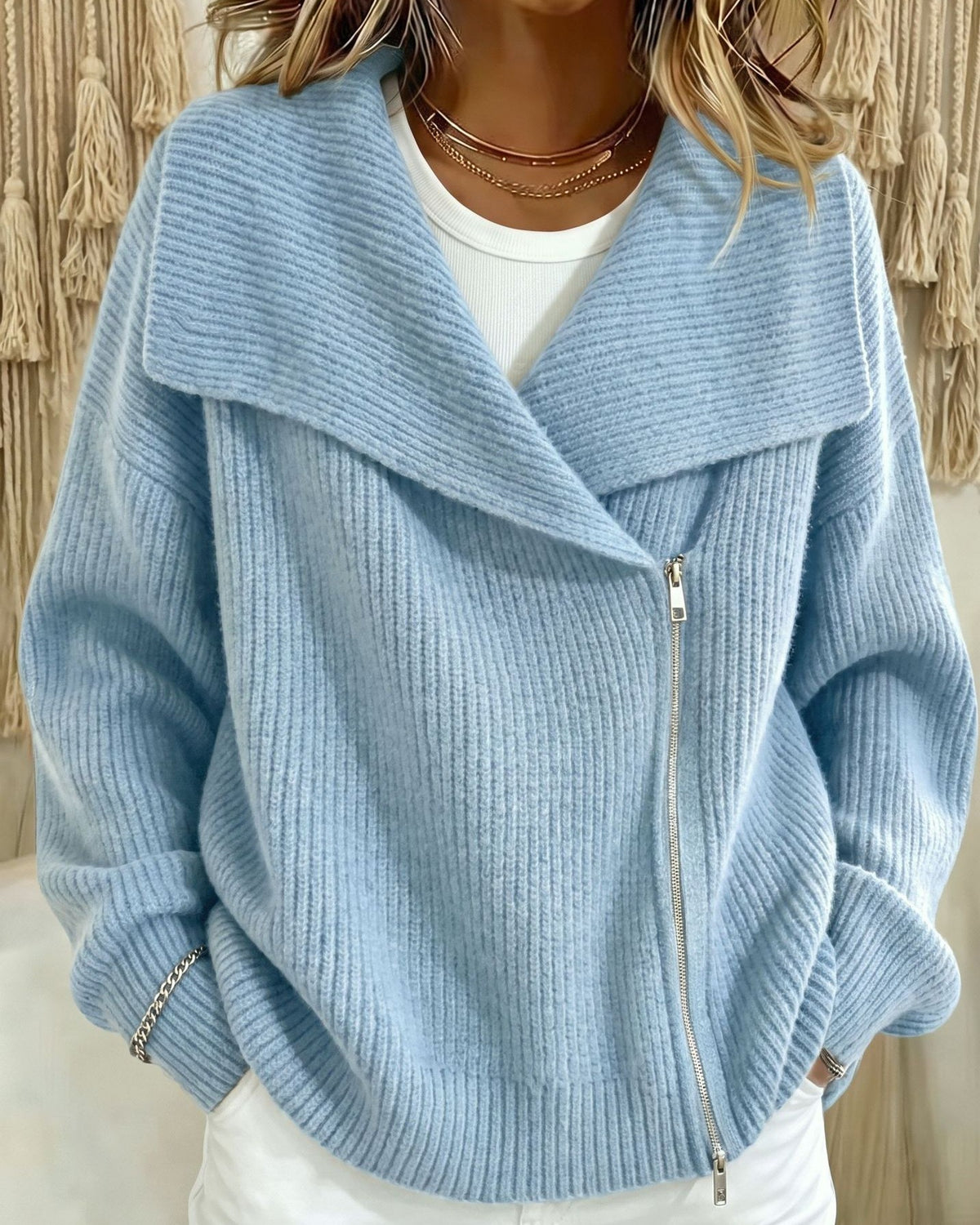 Wide Lapel Moto Zip Sweater Cardigan - Light_Blue