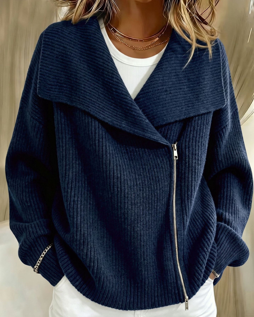 Wide Lapel Moto Zip Sweater Cardigan - Navy