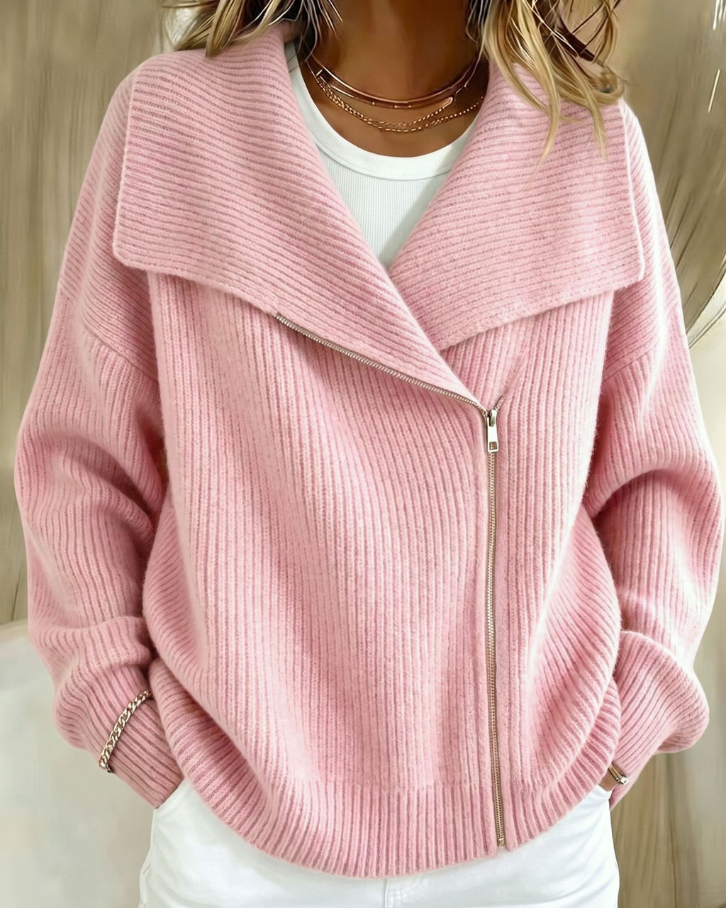 Wide Lapel Moto Zip Sweater Cardigan - Pink