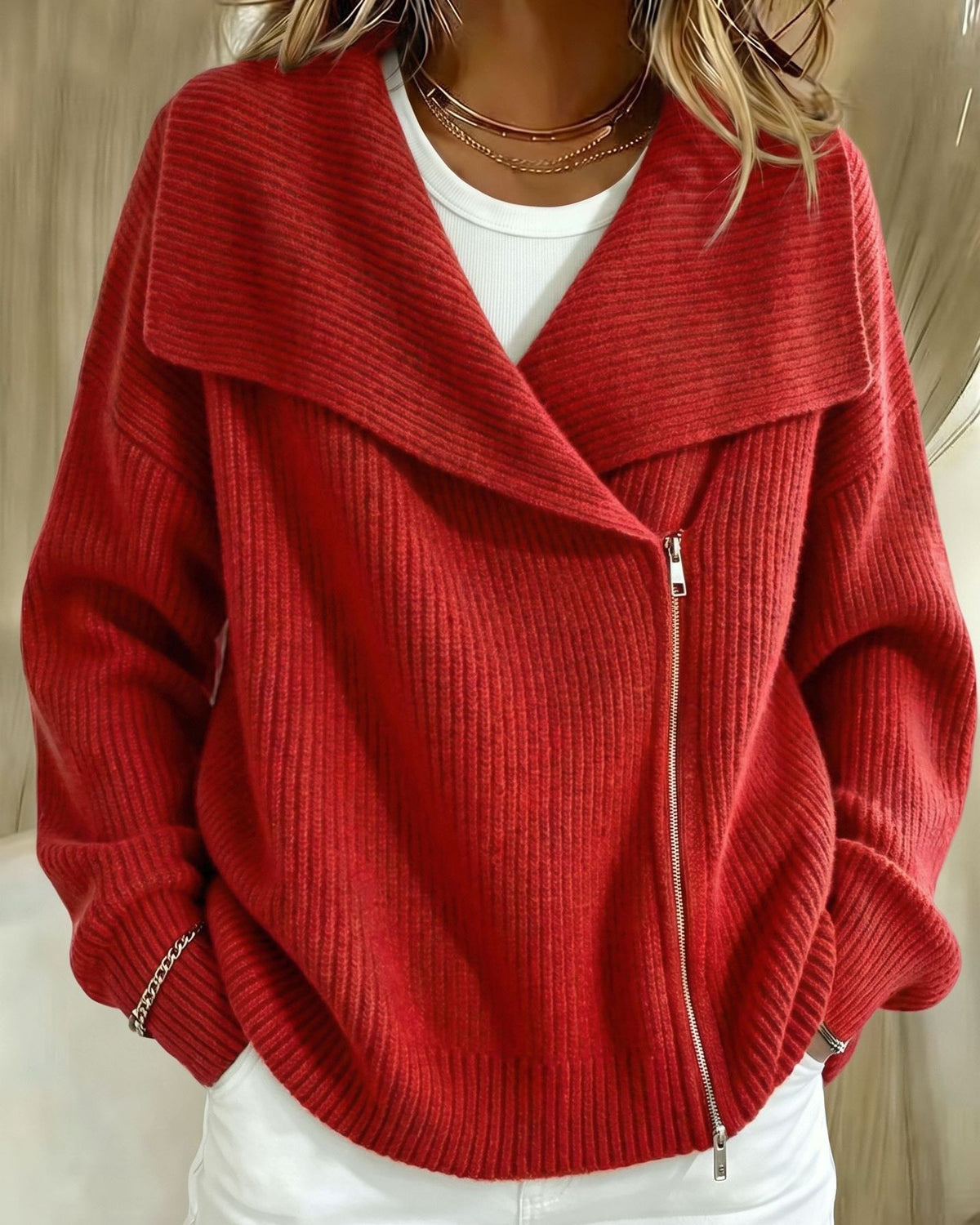 Wide Lapel Moto Zip Sweater Cardigan - Red