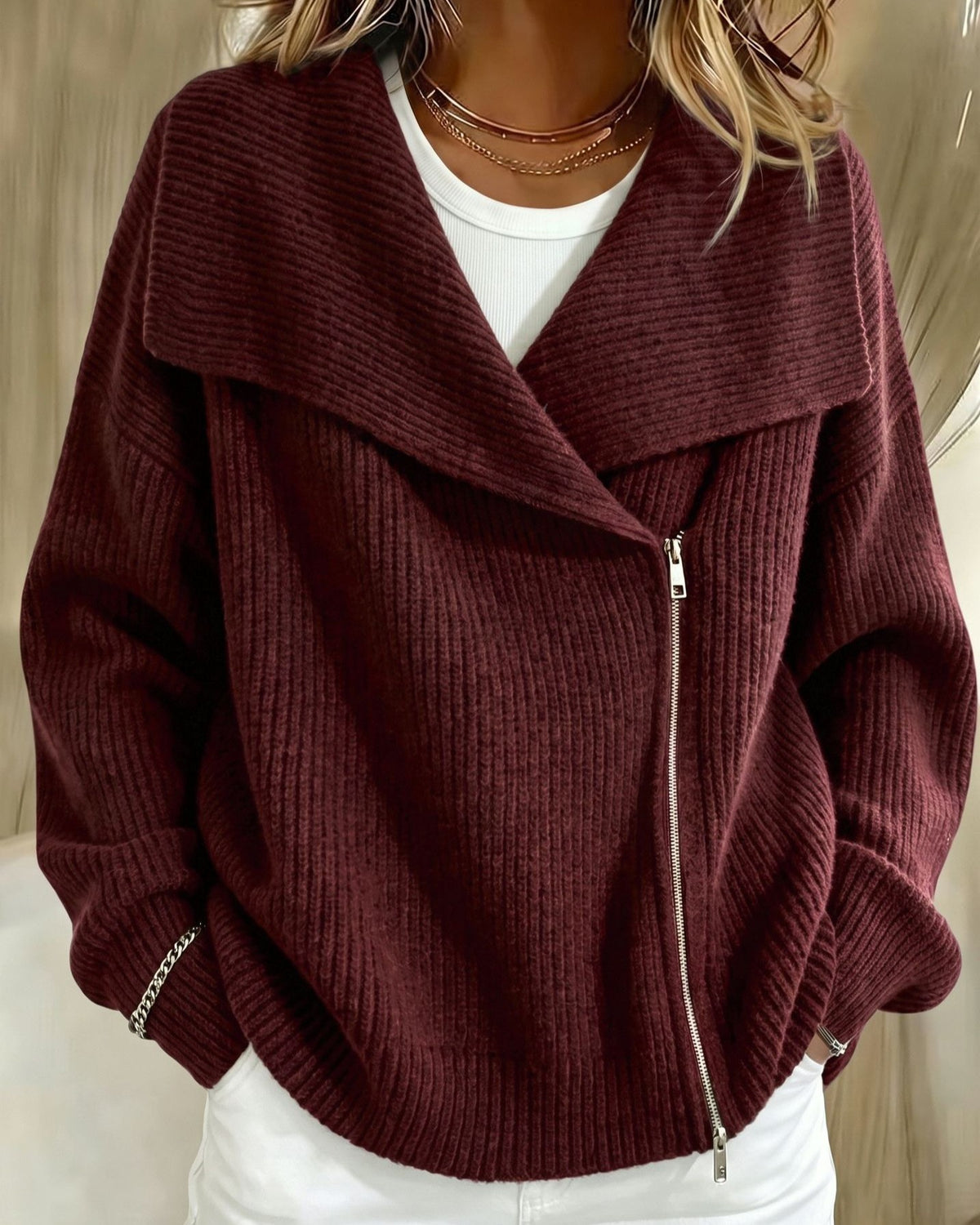 Wide Lapel Moto Zip Sweater Cardigan - Wine_Red