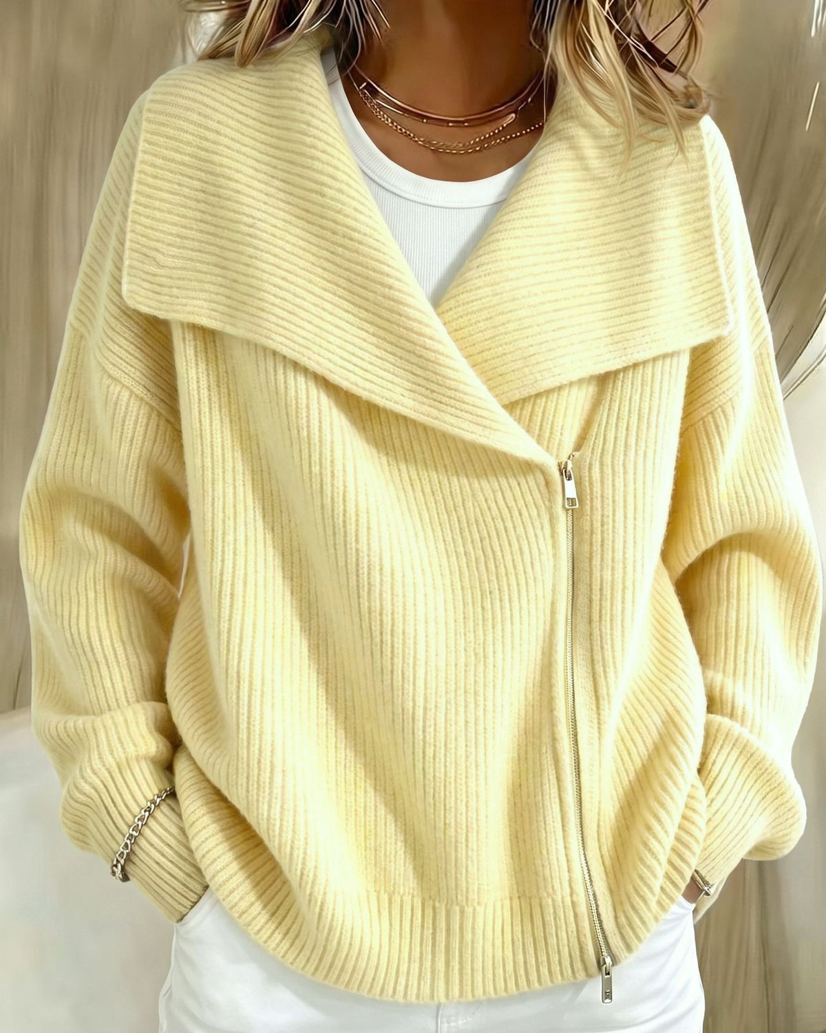 Wide Lapel Moto Zip Sweater Cardigan - Yellow