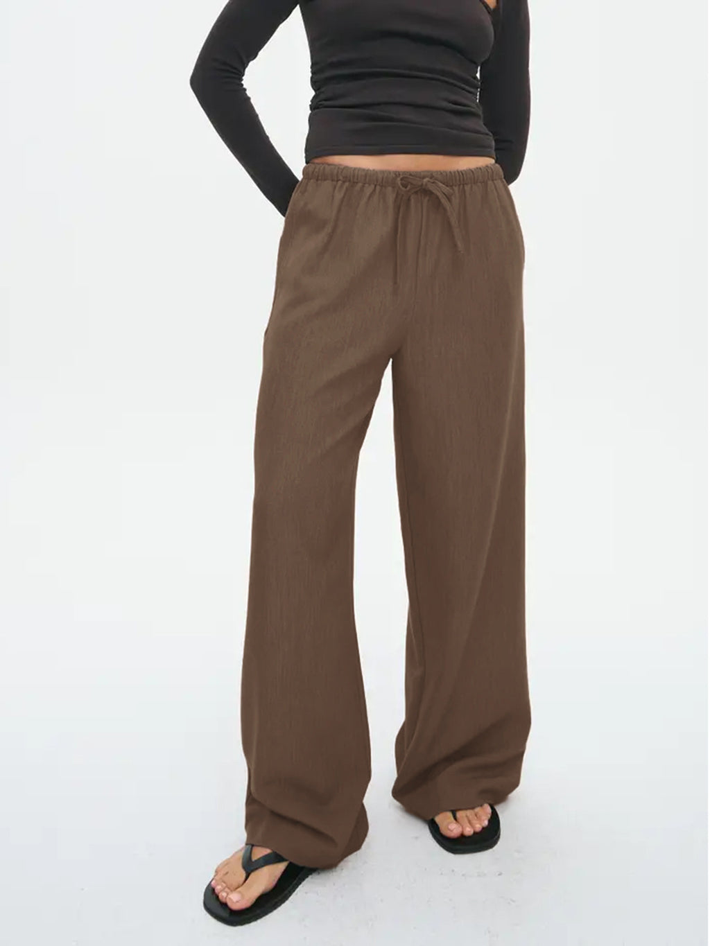 Drawstring Waist Wide Leg Trousers - Brown