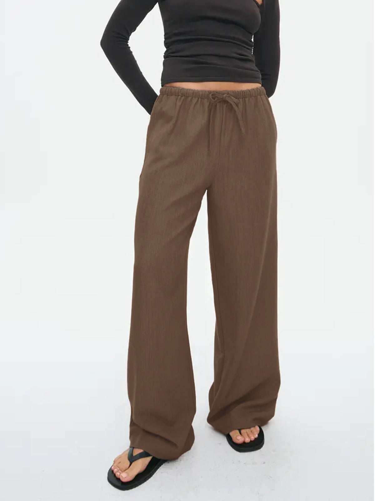 Drawstring Waist Wide Leg Trousers - Brown