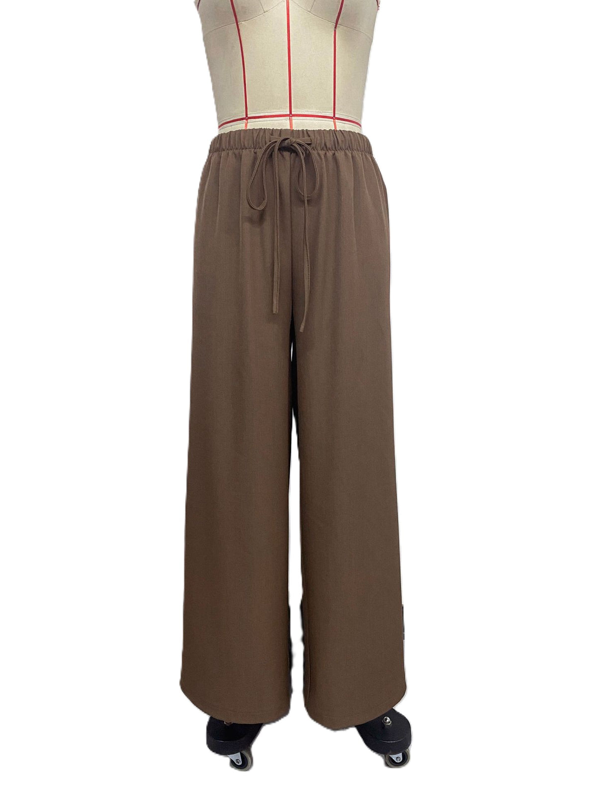 Drawstring Waist Wide Leg Trousers - Brown - 1