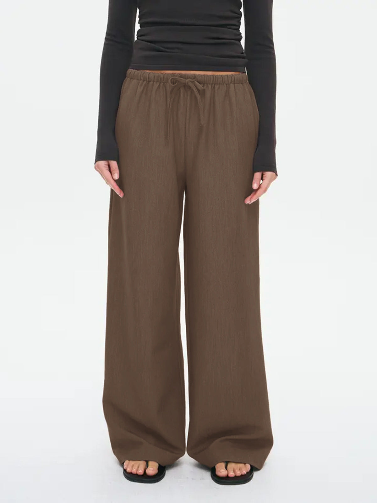 Drawstring Waist Wide Leg Trousers - Brown - 3