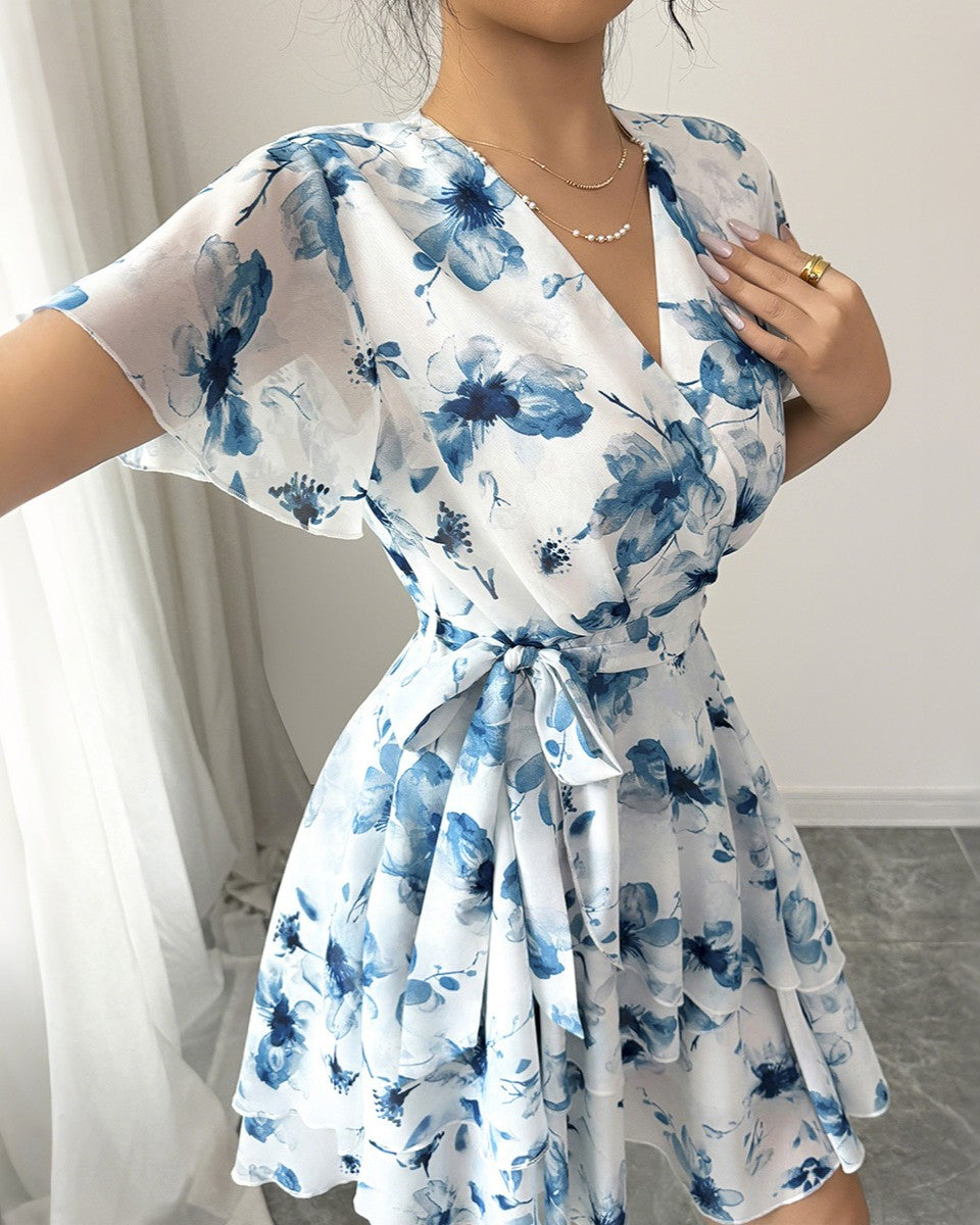 Floral Flutter Sleeve Wrap Mini Dress - Blue - 1