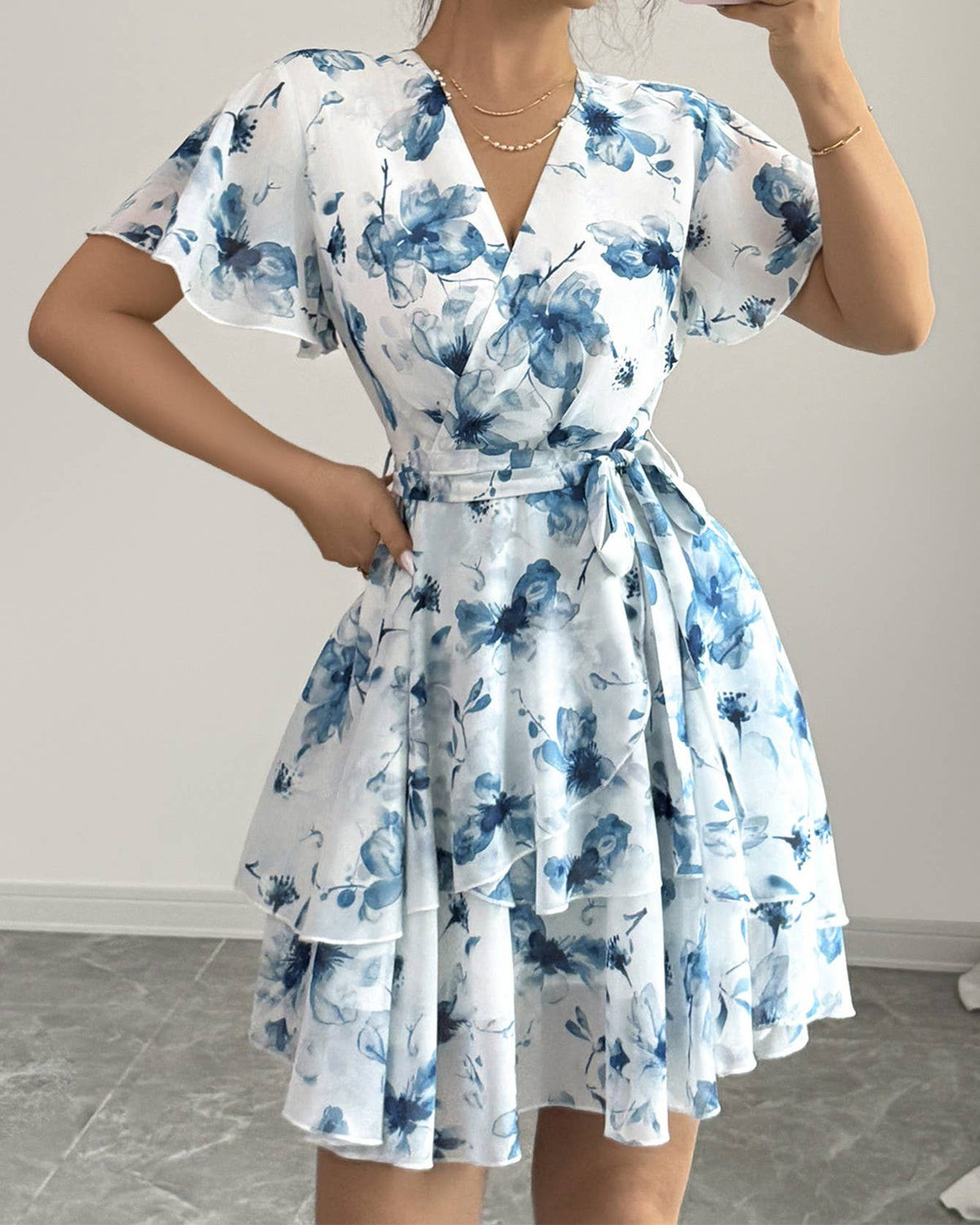 Floral Flutter Sleeve Wrap Mini Dress