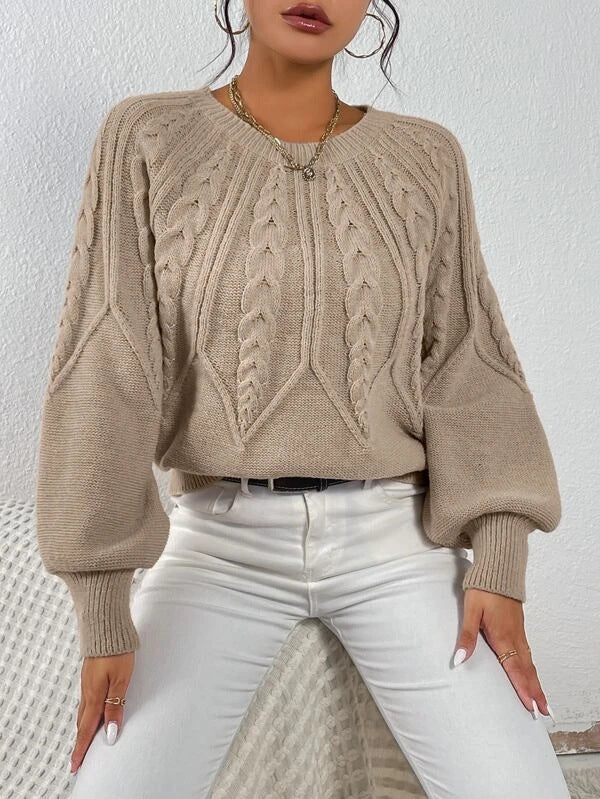 Cable Knit Balloon Sleeve Crewneck Sweater - Khaki