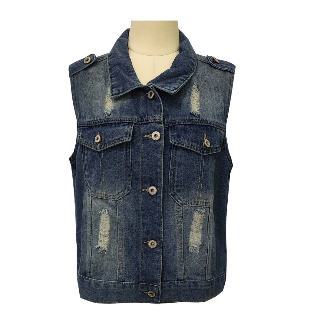 Distressed Washed Denim Vest With Flap Pockets