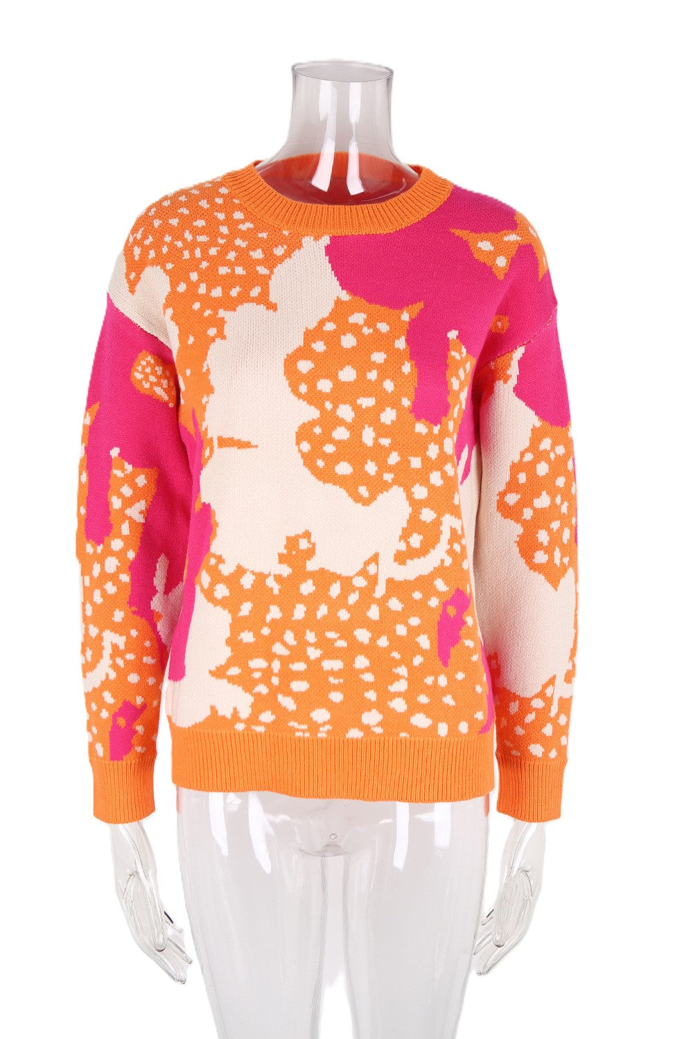Abstract Patchwork Print Knit Sweater Relaxed Fit - Orange - 1