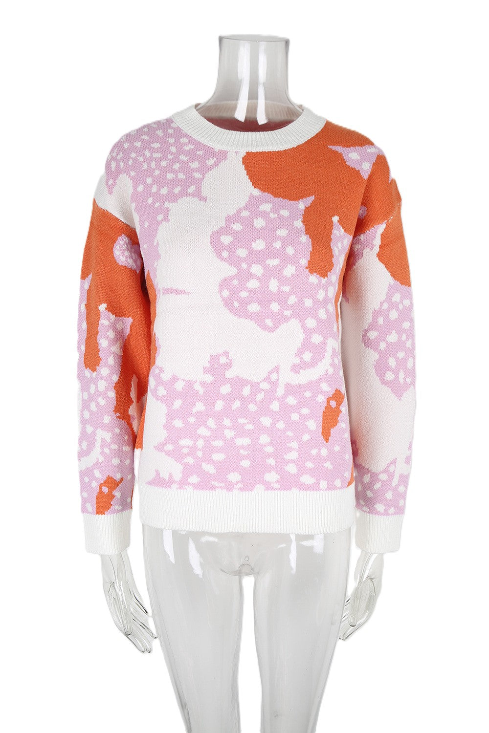 Abstract Patchwork Print Knit Sweater Relaxed Fit - White