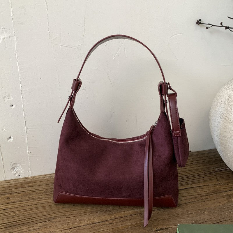 Faux Suede Hobo Shoulder Bag with Mini Pouch - Burgundy