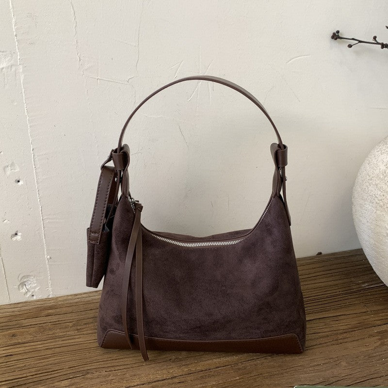 Faux Suede Hobo Shoulder Bag with Mini Pouch - Chocolate