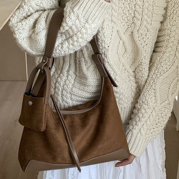 Faux Suede Hobo Shoulder Bag with Mini Pouch