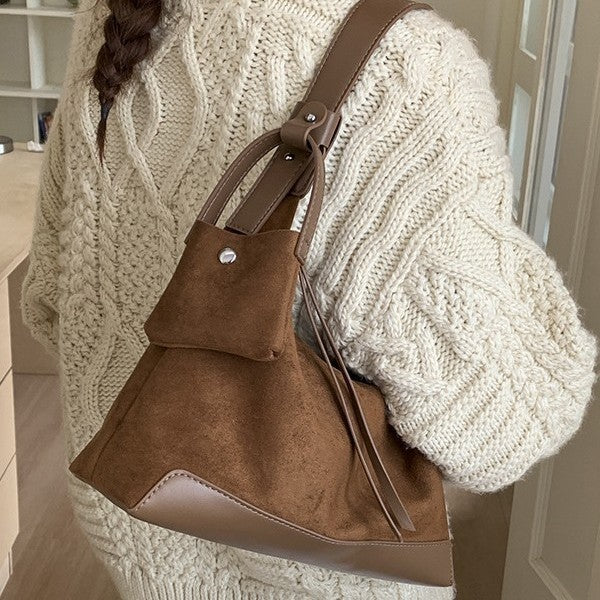 Faux Suede Hobo Shoulder Bag with Mini Pouch