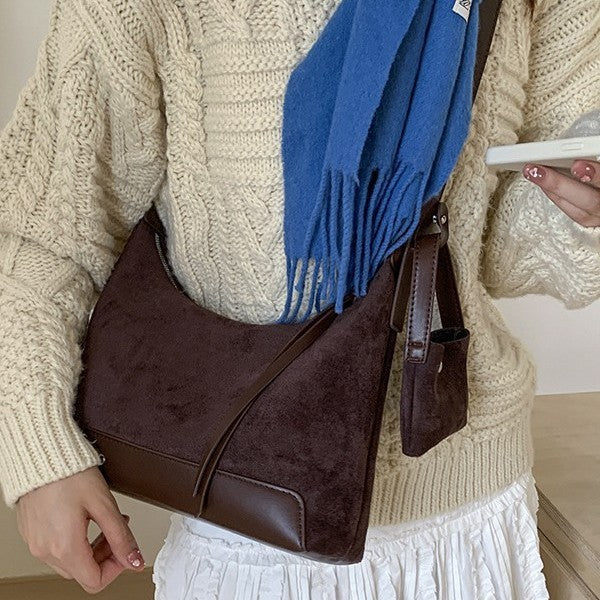 Faux Suede Hobo Shoulder Bag with Mini Pouch