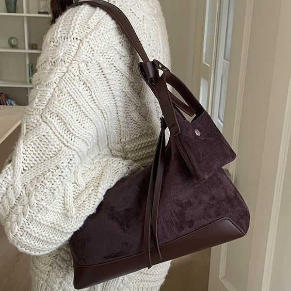 Faux Suede Hobo Shoulder Bag with Mini Pouch