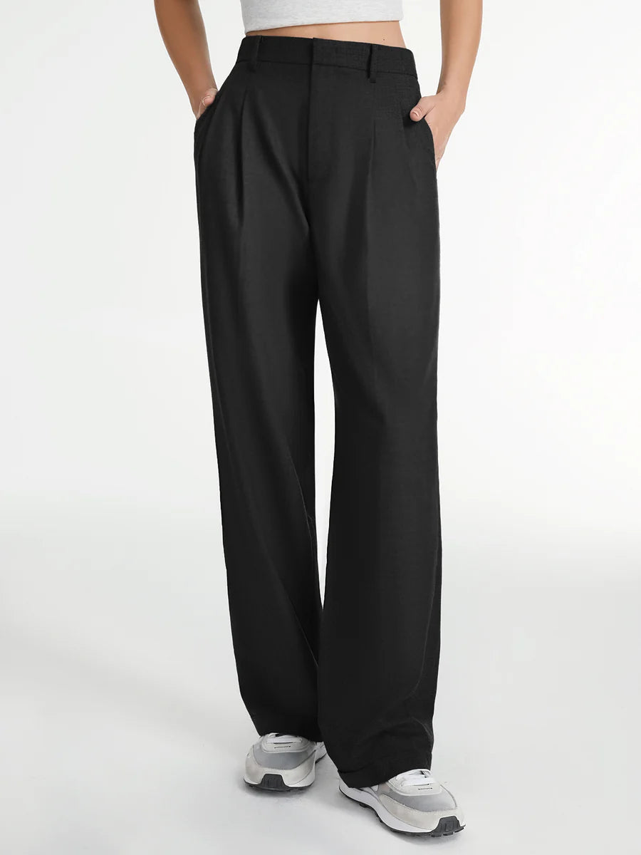 High Waisted Pleated Wide Leg Trousers - Black