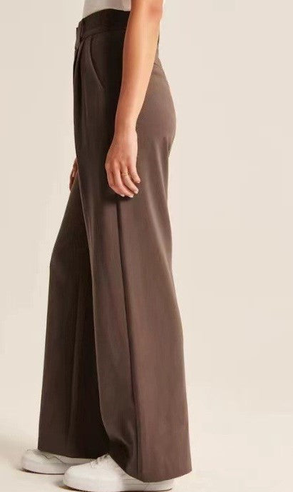 High Waisted Pleated Wide Leg Trousers - Brown