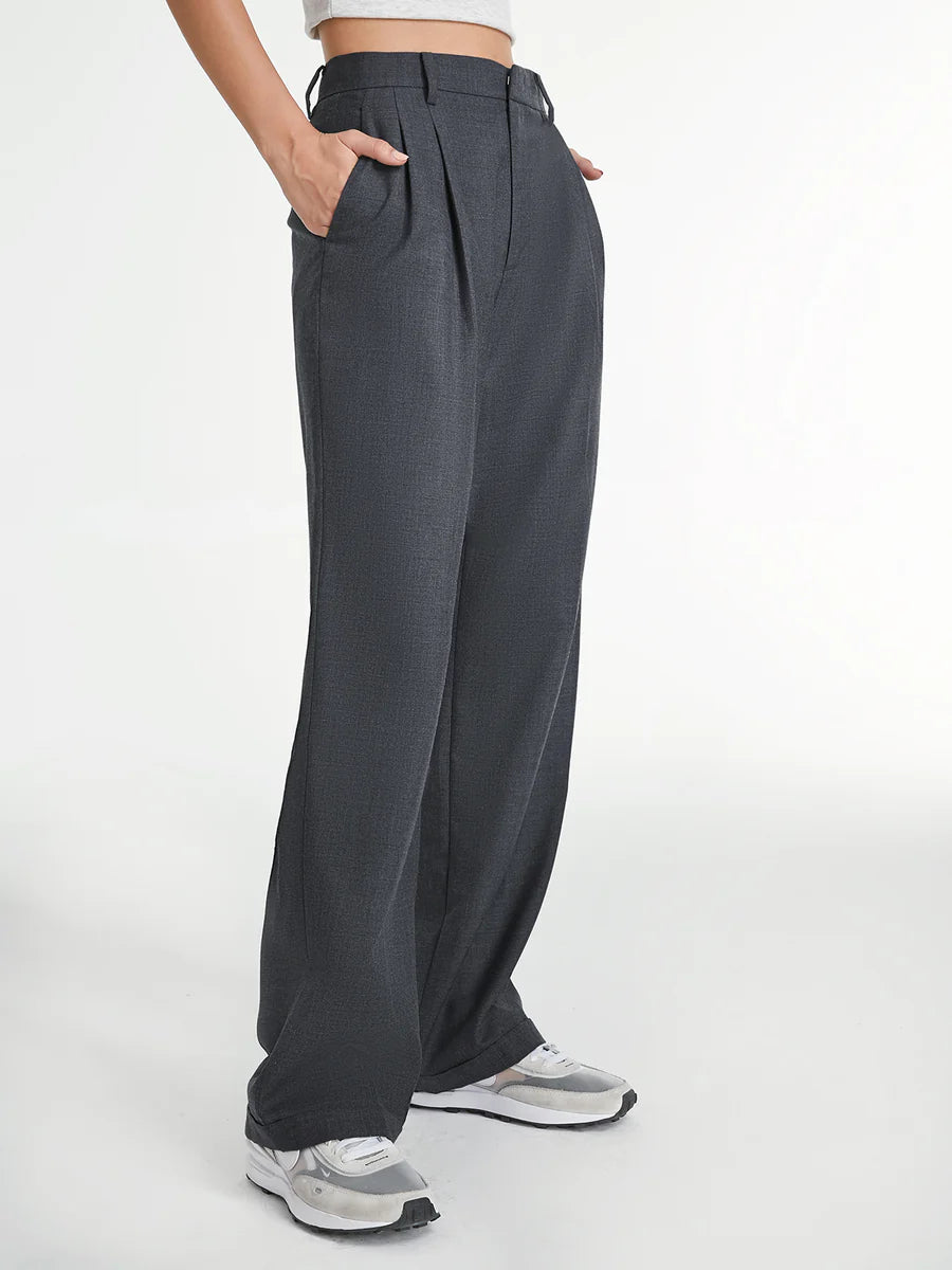 High Waisted Pleated Wide Leg Trousers - Grey - 3