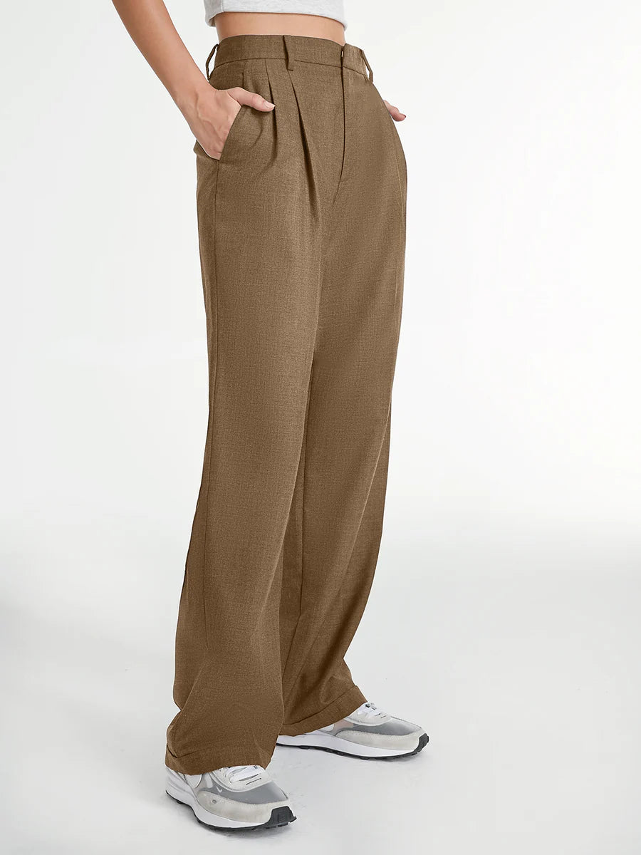 High Waisted Pleated Wide Leg Trousers - Khaki - 1