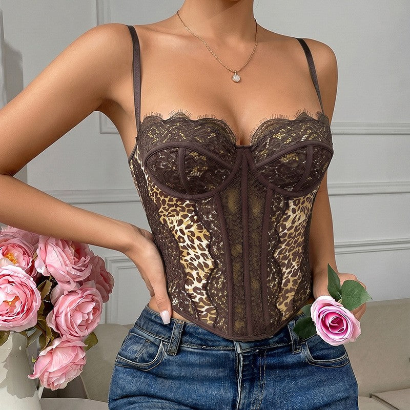 Sweetheart Sheer Lace Mesh Boned Bustier Top - Leopard
