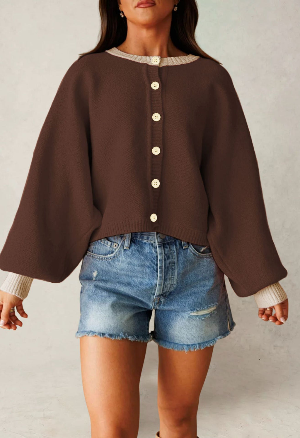 Cropped Knit Cardigan With Balloon Sleeves - Coffee