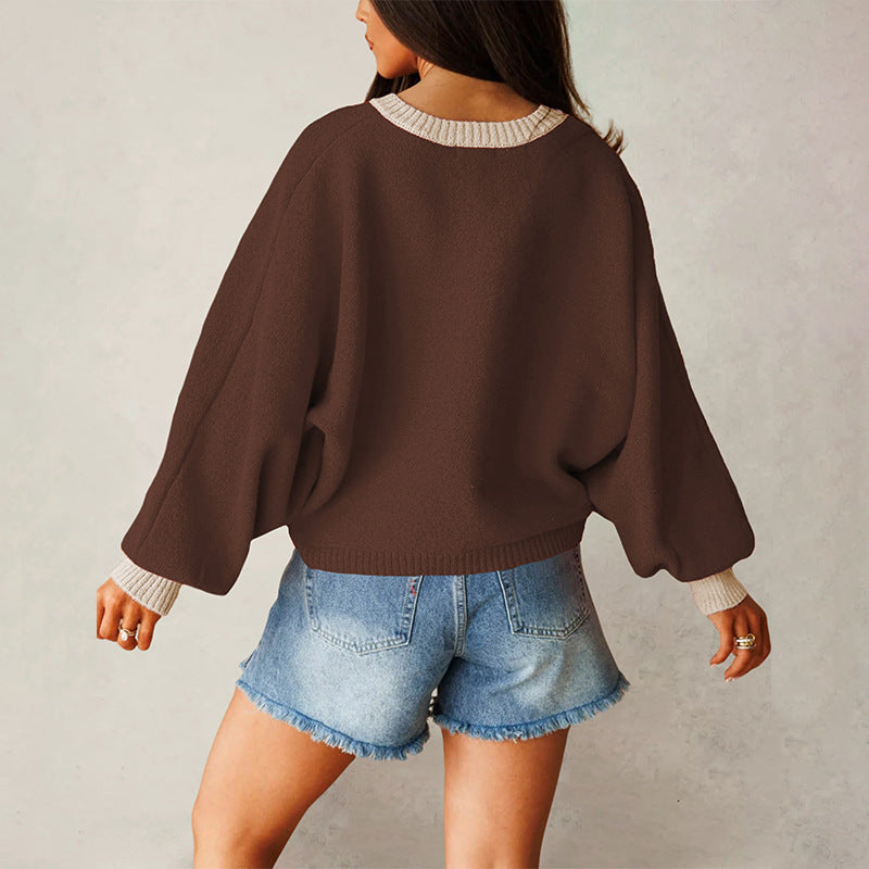 Cropped Knit Cardigan With Balloon Sleeves - Coffee - 1