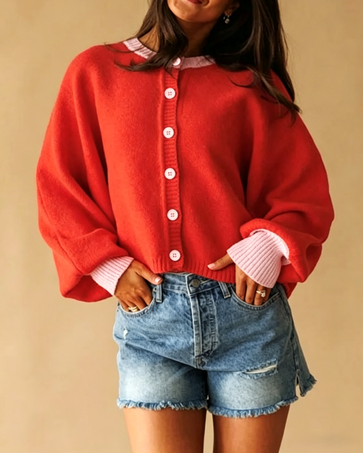 Cropped Knit Cardigan With Balloon Sleeves - Red