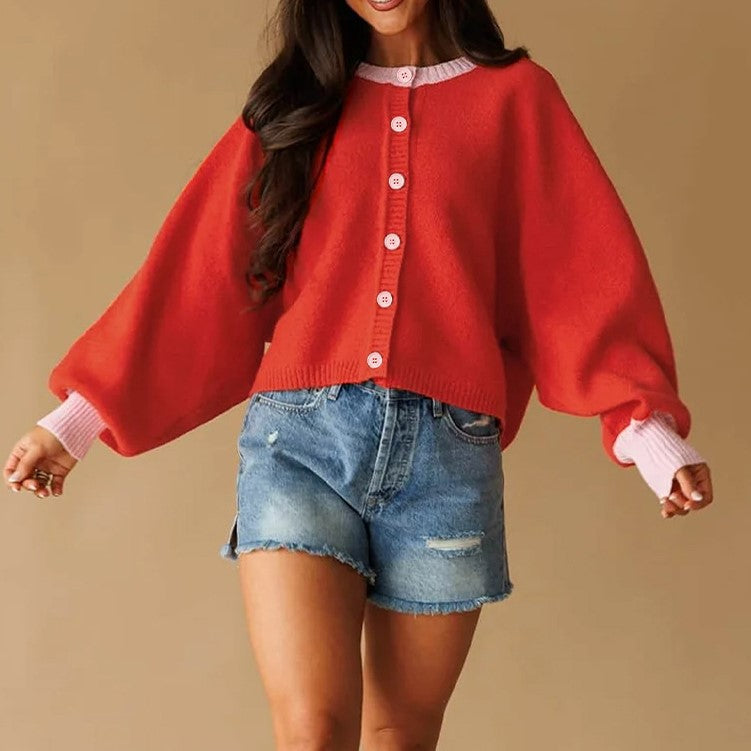 Cropped Knit Cardigan With Balloon Sleeves - Red - 2