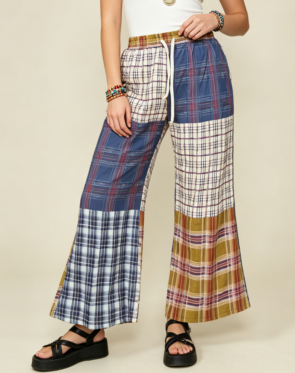 Plaid Patchwork Cropped Wide Leg Pants - Plaid