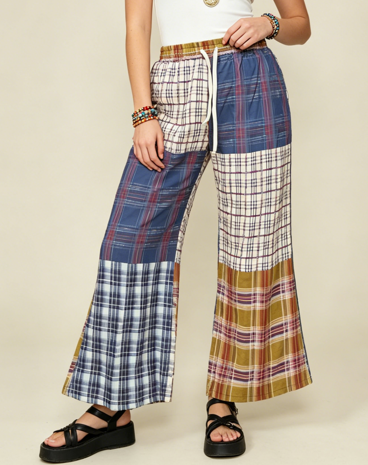 Plaid Patchwork Cropped Wide Leg Pants - Plaid