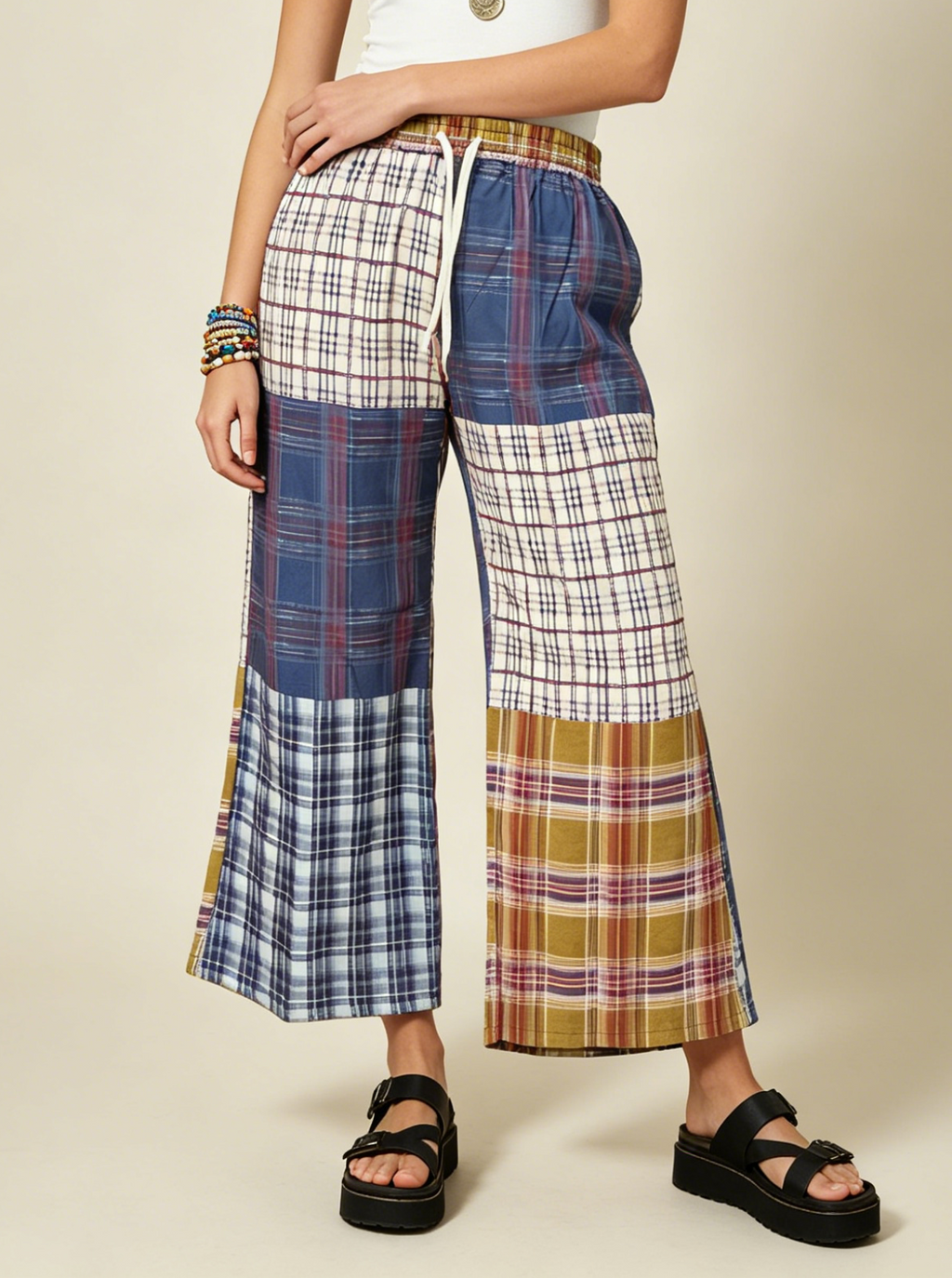 Plaid Patchwork Cropped Wide Leg Pants - Plaid - 3
