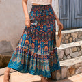 Boho Paisley Print Tiered Maxi Skirt - Blue