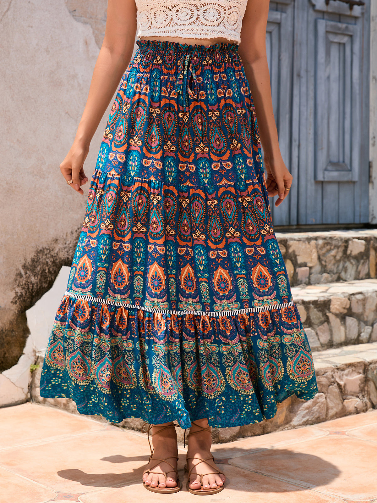 Boho Paisley Print Tiered Maxi Skirt - Blue - 1