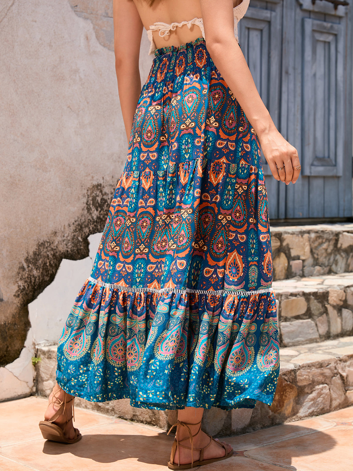 Boho Paisley Print Tiered Maxi Skirt - Blue - 2