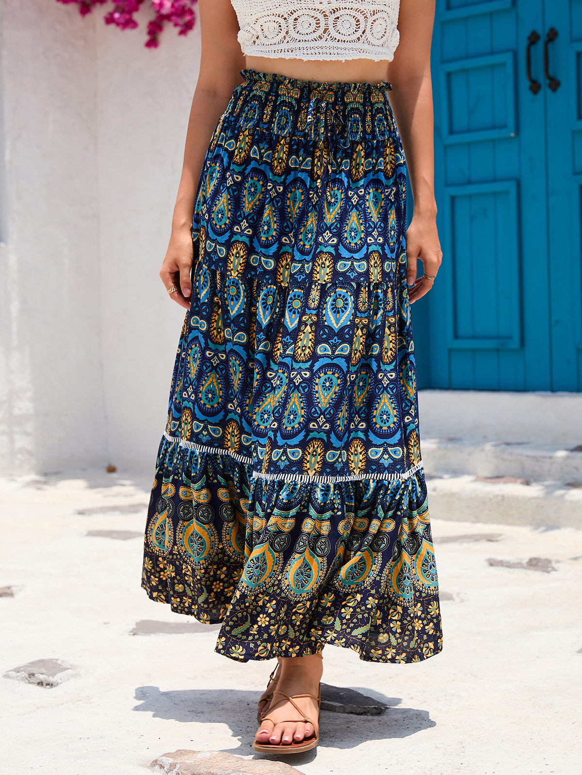 Boho Paisley Print Tiered Maxi Skirt - Navy Blue