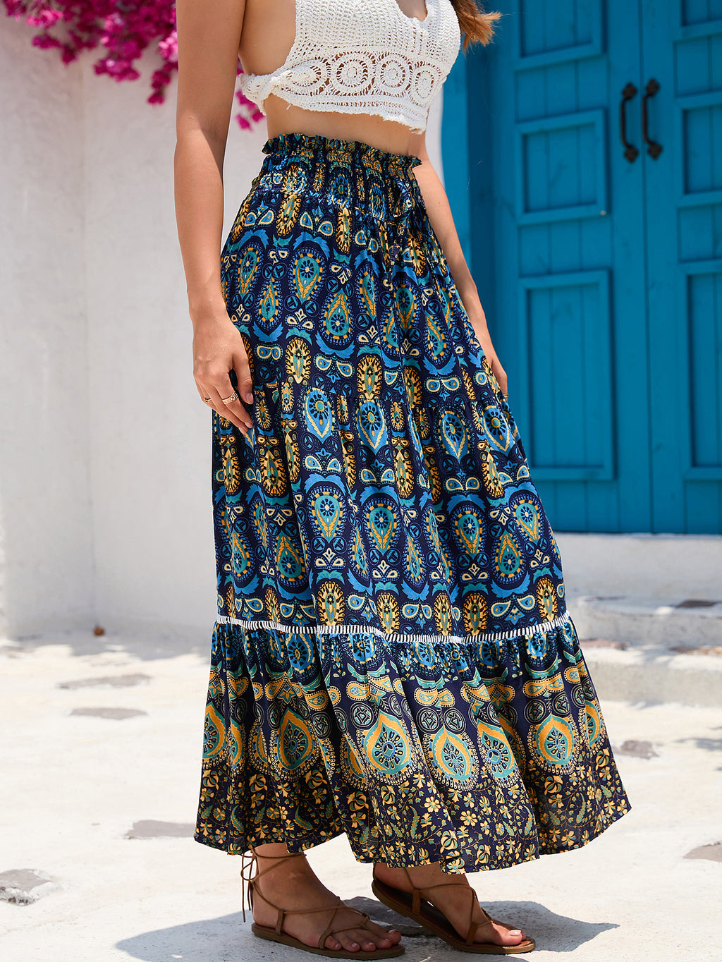 Boho Paisley Print Tiered Maxi Skirt - Navy Blue - 1