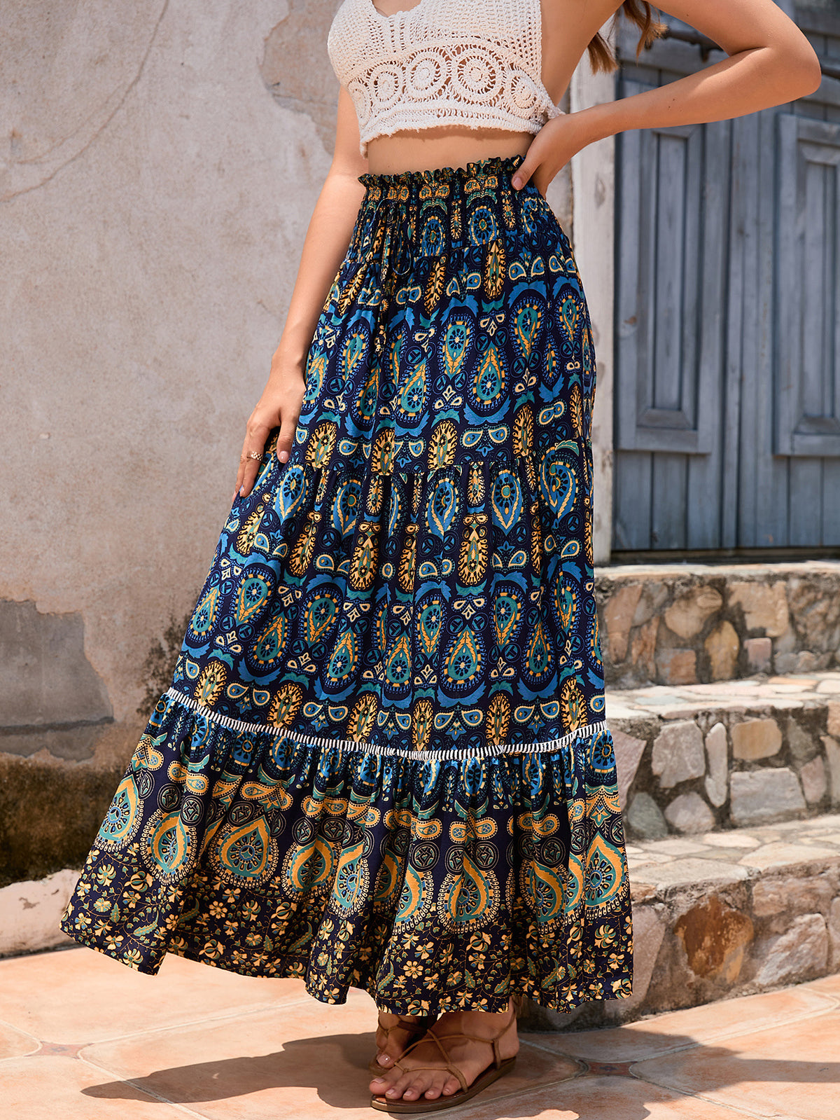 Boho Paisley Print Tiered Maxi Skirt - Navy Blue - 2